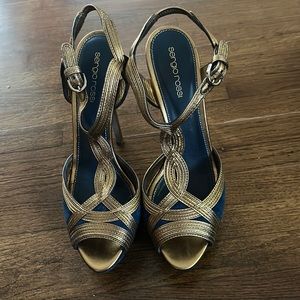 Sergio Rossi Blue and Bronze Metallic strap sandal heels